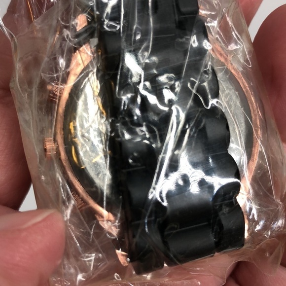 Women’s Wrist Watch Black Band Silver Clasp and Rosy Gold Tone Around Face - Picture 5 of 7